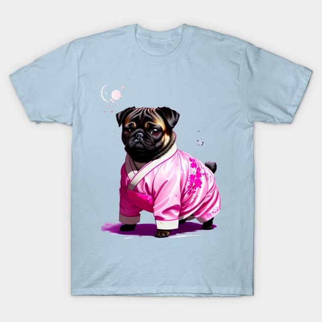 Tranquil Pug in Pink Hanbok Enjoying the Serenity of Moonlight T-Shirt by fur-niche